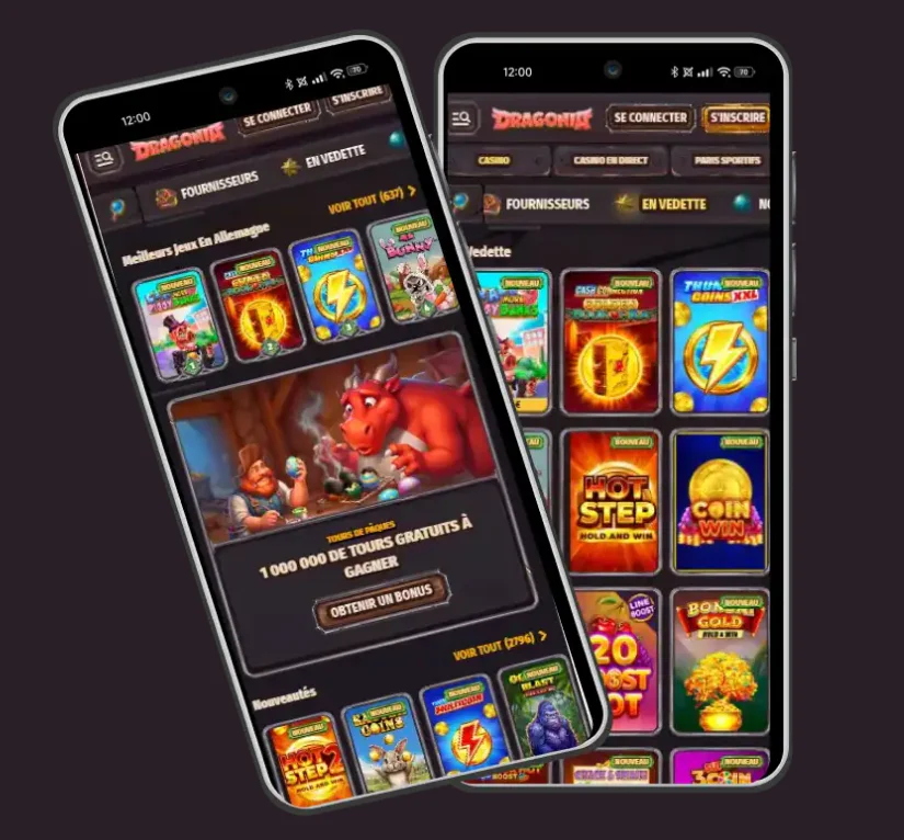 Version mobile de Dragonia Casino affichée sur deux smartphones avec navigation, catalogue de jeux et bonus promotionnel